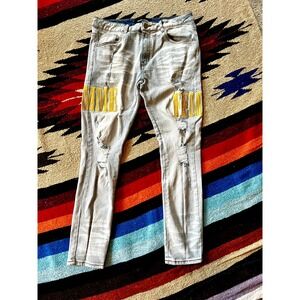 Homme Femme Men's 34x29 Blue Denim Distressed Logo Spell out Jeans